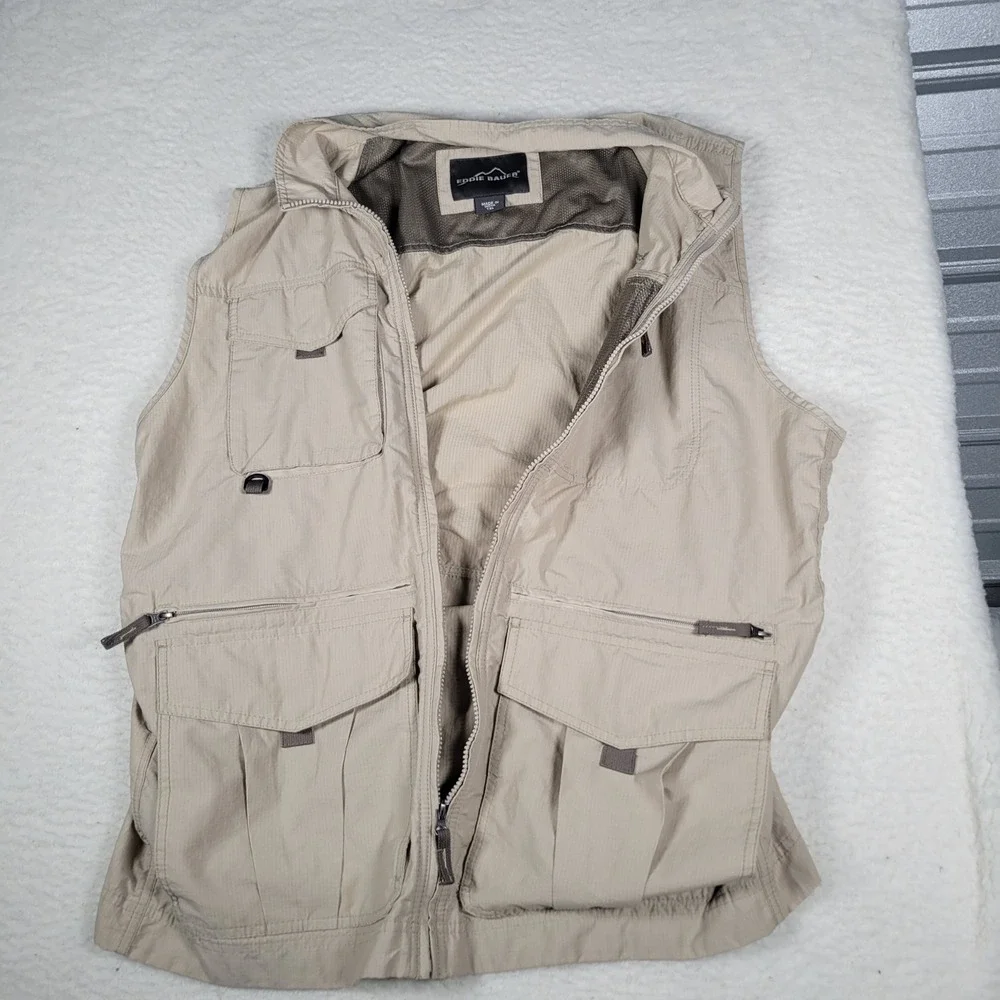 Eddie Bauer Utility Vest Mens TXL Beige Ripstop Multi-Pocket Gorpcore Fishing - Picture 9 of 9